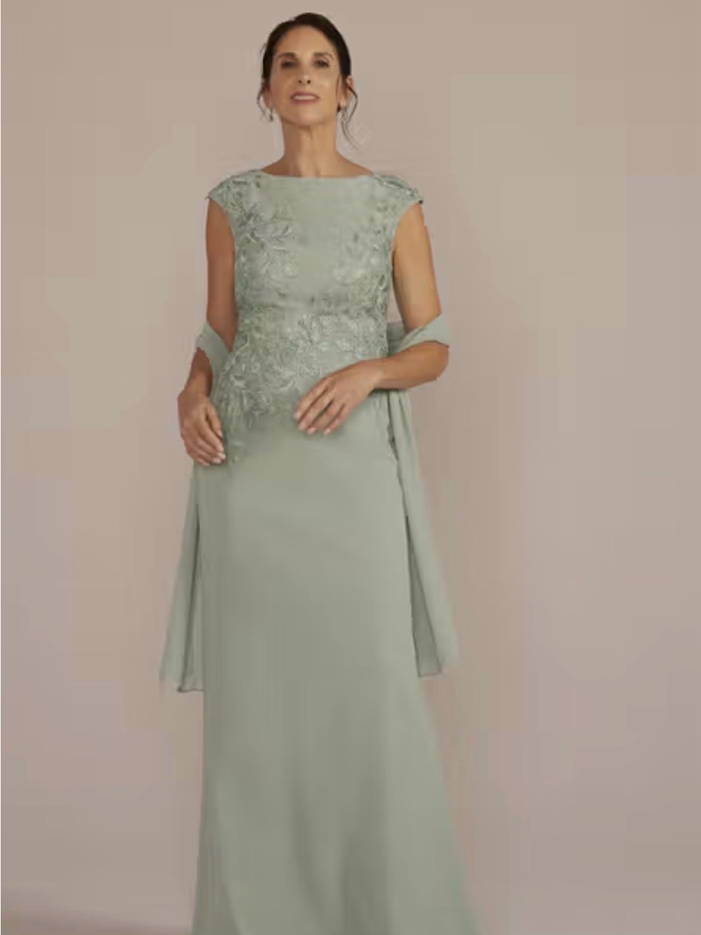 Oleg Cassini Sage Embroidered Cap Sleeve Evening Gown with Shawl